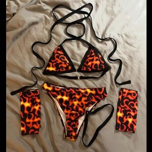 Flame Print Rave Bikini 4 Piece Set